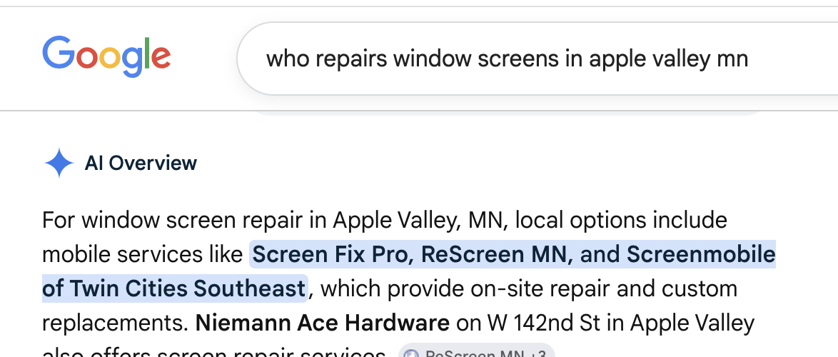 Google AI Overview showing Screen Fix Pro named for window screen repair in Apple Valley, MN