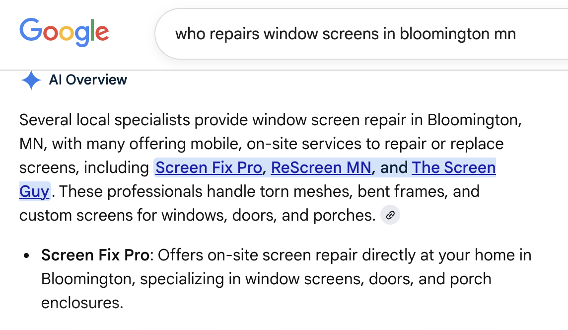 Google AI Overview showing Screen Fix Pro named for window screen repair in Bloomington, MN