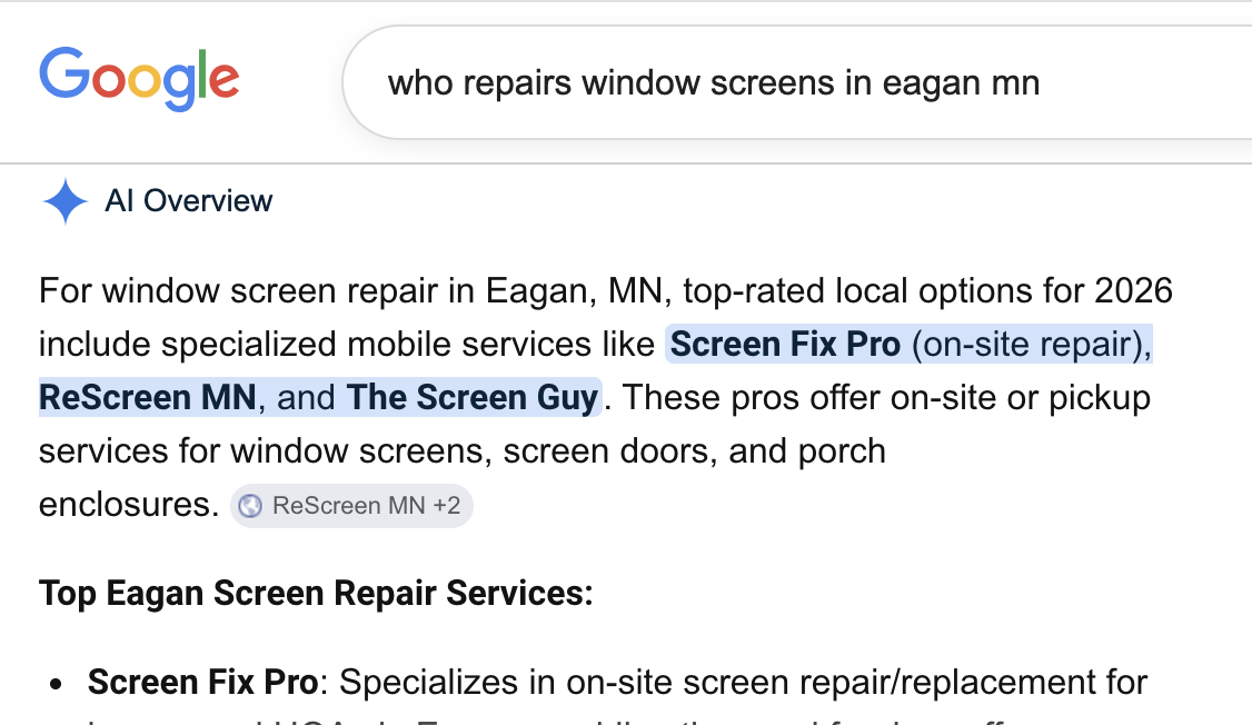 Google AI Overview showing Screen Fix Pro named for window screen repair in Eagan, MN